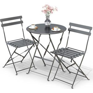 vounot Bistroset voor buiten, 3-delig, met tafel en 2 klapstoelen van staal, voor balkon, terras en tuin, grijs