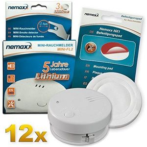 12x NEMAXX Mini-FL2 Rookmelder- hoge kwaliteit & discrete Mini Rookdetector met Lithium Batterij - volgens DIN EN 14604 + NEMAXX NX1 Quickfix Montageplaatje
