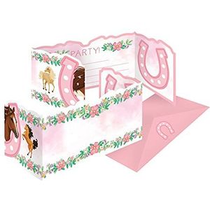Amscan 9909886 - uitnodigingskaarten paard, 8 kaarten met roze enveloppen, uitnodiging, kinderverjaardag, themafeest, carnaval