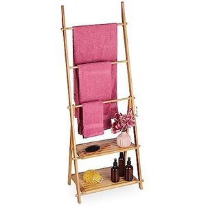 Relaxdays handdoekenrek bamboe, 3 stangen, handdoekhouder, 2 planken, HBD: 134 x 53 x 31,5, badkamerrek, natuur