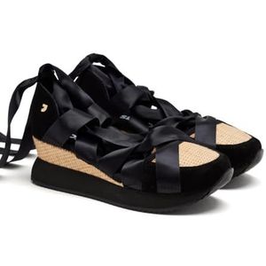 Open leren schoenen met sleehak en Raffia Cornville, Zwart, 37 EU