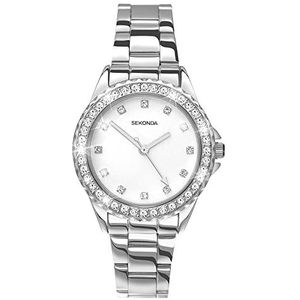 Sekonda Elizabeth Dameshorloge, kwartshorloge, 33 mm, met stenen kast, analoog display en roestvrijstalen armband, Zilveren witte wijzerplaat, Single