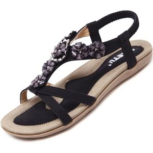 Zomer Sandalen Dames Boheems Platte Strandsandalen Vrouwen Strass Teen Separatoren Zomersandalen Zacht Strand Schoenen Zwart 42