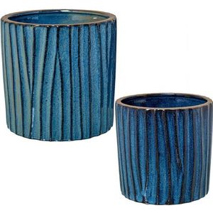 DRW Set van 2 bloempotten van keramiek met blauwe strepen, 18 x 18 x 18 cm