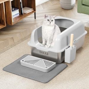 BAKAJI XXL kattenbak met stalen voet met rand en zandafstotend stavlak, opvangschep met houder en vuilmat, antislip bodem, inhoud 35 liter, 60 x 40 x 30 cm