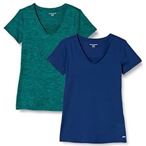 Amazon Essentials Dames Tech Stretch T-shirt met korte mouwen en V-hals (verkrijgbaar in grote maten), 2-Pack, Blauw/Blauwgroen Ruimteverf, XS