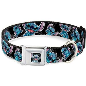 Buckle-Down Gesp Dog Collar - Stitch Poses/Hibiscus Schets Zwart/Grijs/Blauw - 2,5 cm Breed - Past 30,5-33,5 cm Nek - Medium