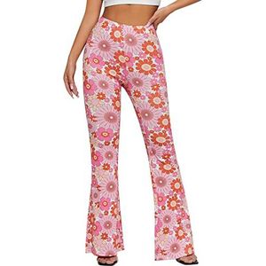 EVELUST Jaren '70 wijde broek voor dames, boho, jaren '60, hippie, bloemen, high waist, outfit, discokostuum, yogabroek, leggings, Roze madeliefjes, S