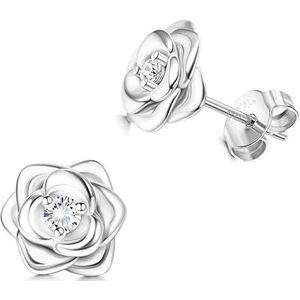 JeweBella Oorstekers van 925 sterling zilver voor dames en meisjes, hypoallergeen, kleine rozenoorbellen met 5A+zirkonia, helix, kraakbeen, sieraden, geschenken, zilver/goud/roségoud/zwart, Sterling