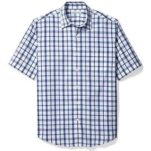 Amazon Essentials Men's Poplin overhemd met normale pasvorm en korte mouwen, Donkerblauw Wit Plaid, XS