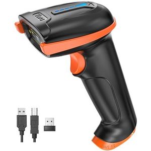 Tera Barcodescanner Draadloze 1D Laser Draadloze Barcodelezer Veelzijdig 2-in-1 (2.4Ghz Draadloos+USB 2.0 Bedraad) met Indicator Batterijniveau Lange Zendafstand Oplaadbare USB-handheld (zwart/oranje)