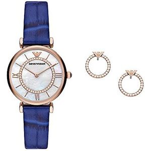 Emporio Armani Cadeauset Blauw Leren Horloge met Twee Wijzers en Oorbellen