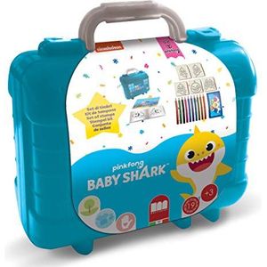 Multiprint Koffer Travel Set Baby Shark, Made in Italy, kleurboek met puzzel en potloden, set met stempels voor kinderen, van hout en natuurlijk rubber, afwasbare inkt, niet giftig, cadeau-idee, art.