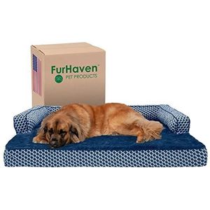 Furhaven Koelgel hondenbed voor grote honden met afneembare kussens en wasbare hoes, voor honden tot 120 lbs - pluche en geweven decor comfortabele bank - Diamond Blue, Jumbo Plus/XXL