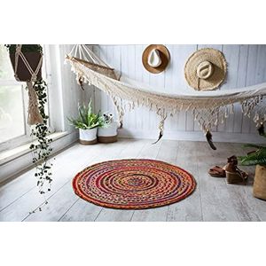 Barbara Becker Rond tapijt, jute katoen, etnische boho-stijl, plat, handgevlochten, natuurlijk tapijt voor woonkamer, slaapkamer, kleur: kleurrijk, maat: 80 x 80 cm