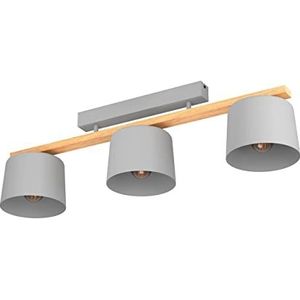 EGLO Plafondlamp Mariel, spotbar met 3 spots, plafond lamp in scandinavisch design, plafondspot voor woonkamer van staal in lichtgrijs en hout, FSC100HB, plafondverlichting met E27 fitting
