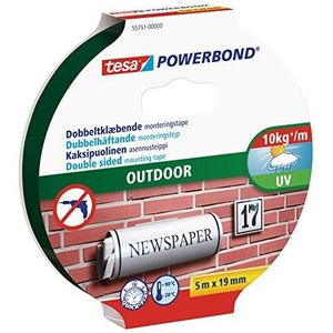 tesa Powerbond Outdoor - Dubbelzijdige montagetape voor gebruik buitenshuis - UV-, water- en temperatuurbestendig plakband - Houdt tot 1 kg per 10 cm tape, 5 m x 19 mm