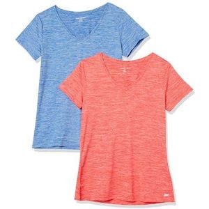 Amazon Essentials Dames Tech Stretch T-shirt met korte mouwen en V-hals (verkrijgbaar in grote maten), 2-Pack, Koraaloranje Ruimteverf/Lichtblauw Ruimteverf, L