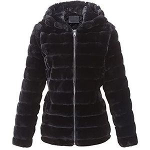BELLIVERA Dames Shaggy jas van Imitatiebont, Warme Winterjas met ritssluiting en Capuchon 1801 zwart XXL