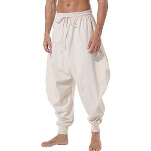 AITFINEISM Heren katoenen linnen broek elastische trekkoord taille lichtgewicht zomer strand broek, Wit, M