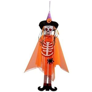 Oranje hangende skeleton in velt met label.