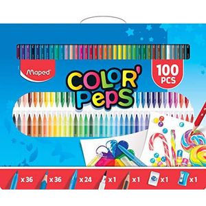 Maped Color' Peps 100-delige kleurset en draagtas (x36 potloden, x36 viltpunten, x24 kleurpotloden, bordmarkering, HB potlood, gum en slijper), ASSORTED 907003