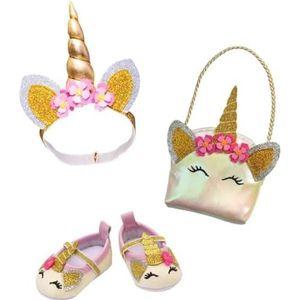 Heless 231 - Poppenaccessoires in glitter unicorn design, 3-delige accessoireset met ballerina's, tas en haarband voor poppen en knuffels maat 35-45 cm