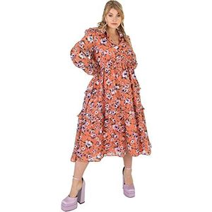 Lovedrobe Midi-jurk voor dames, grote maten, bloemenpatroon met kraag, lange mouwen, ruches, V-hals, split voor zomer, kantoor, Oranje, 44