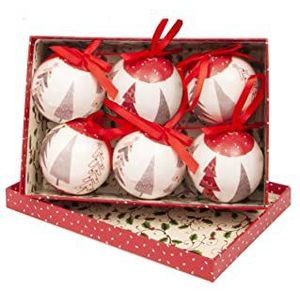 Ciao - Set van 6 decoratieve ballen Merry Christmas Style Trees (Ø 7,5 cm) met stoffen band voor kerstboom in geschenkdoos