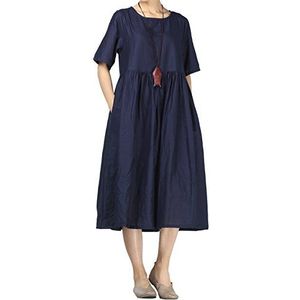 Mallimoda Zomerjurk voor dames, linnen, los, chique, casual, korte mouwen, marineblauw, L