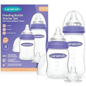 Lansinoh Baby Bottle Starter Set with NaturalWave Teat (160ml & 240ml), Anti-Colic, Plastic 100% BPA & BPS Free, Slow, Medium & Fast Flow Silicone teats which are Soft and Flexible, Purple