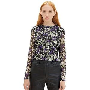 TOM TAILOR Denim T-shirt met lange mouwen voor dames, 32418 - Paars Groen Bloemenprint, S