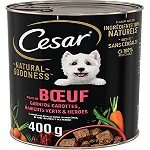 CESAR Natural Goodness – 6 blikjes à 400 g – terrine voor volwassen honden, rijk aan rundvlees, gevuld met wortelen, groene bonen en kruiden, natvoer voor honden zonder granen