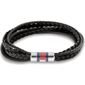Tommy Hilfiger Herren Armband aus Leder und Edelstahl in der Farbe Schwarz-Silber, Innenumfang: 19cm, 2790426
