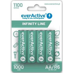 everActive Batterij AA 1100 mAh 4 stuks, NI-MH, Mignon R6, oplaadbaar, voorgeladen, Infinity Line 1.2V, 1 blisterkaart, groen, EVHRL6-1100
