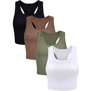 Boao 4 Stuks Basic Crop Tank Tops Mouwloos Racerback Crop Sport Top voor Vrouwen, Zwart, Wit, Legergroen, Koffie, S