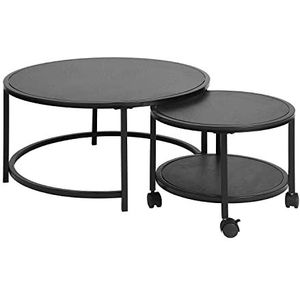 MEUBLE COSY 2 stuks salontafels, rond, met wieltjes, bankkant van hout en metalen frame, zwart, 80 x 80 x 40/50 x 50 x 36 cm