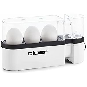 Cloer 6021 Eierkoker met serveerfunctie, 300 W, 3 eieren, verwarmingsplaat met antiaanbaklaag, in het deksel geïntegreerde maatbeker en eierprikker, akoestisch signaal, wit