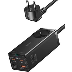 Baseus PSZM000901_VC GaN III USB C-oplader, 65 W, 4 poorten, snellader met AC-stopcontact voor MacBook Pro/Air, iPhone 14/14 Pro/14 Pro Max/13/12, iPad Pro, S22, S21, Steam Deck enz.,Standaard