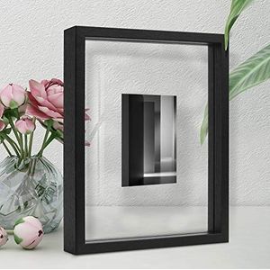 Afuly Fotolijst 13 x 18 cm, 10 x 15 cm, 15 x 20 cm, met zwevend effect, of 20 x 25 cm, zonder zwevend effect, zwart hout, dubbel glas voor op bureaublad of aan de muur, geschikt als geschenk