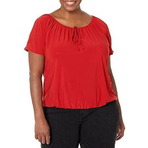 Star Vixen womens Star Vixen Women's Short/Slit Sleeve Keyhole-tie Peasant Top Bubble Hem Blouse, Red Solid, Large US