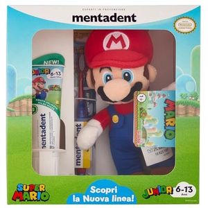 Mentadent, Super Mario Junior, set tandenborstel en tandpasta voor kinderen van 6 tot 13 jaar, bevat kindertandpasta, delicate muntsmaak, kindertandenborstel, ideaal voor jongensentand, pluche dier