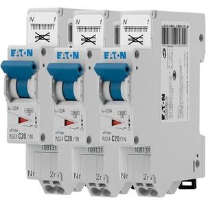 EATON 109131 PLGC4-C20/1N Modulaire schakelaar PH/N – wit – blauw – 1P + N / 20 A – curve C – directe aansluiting zonder schroeven – 3 vermogensschakelaars