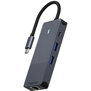 Rapoo UCM-2004 USB-C multipoort-adapter 8-in-1, 100W Power Delievery, 4K HDMI, 1 Gbps LAN, 1 USB-C en 2 USB-A 3.0-gegevenspoorten, Micro SD/SD geheugenkaartlezer, compatibel met MacBook Pro en meer