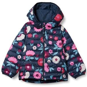 Amazon Essentials Lichtgewicht waterbestendig opvouwbaar donsjack met capuchon voor meisjes, marine Bloemen, 11-12 jaar