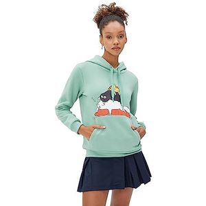 Koton Women Kangaroo Pocket Detail Cat Printed Hoodie, Mint(mnt), L