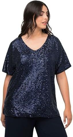 Ulla Popken - Shirt - Marine - V-hals - Pailletten - Losse Pasvorm - Kwartmouw