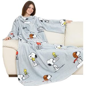 Kanguru Deluxe Snoopy, superzachte en gezellige fleecedeken met mouwen met buidelzak, kleur grijs, volwassen grootte 140 x 180 cm