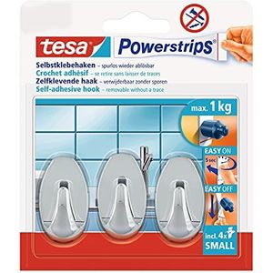 tesa Powerstrips Haak - OVAL/CHROME EFFECT - Verwijderbare Zelfklevende Wandhaak voor Glas, Tegels, Hout, Kunststof en Andere Oppervlakken - Waterdicht - Sterke Houding tot 1 kg, Chroom, Klein