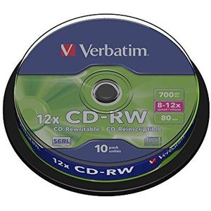 Verbatim CD-RW, 700 MB / 80 minuten - 12x brandsnelheid, hoogwaardige lege cd, voor het maken van back-ups en het branden van gegevens, 10 Pack Spindle